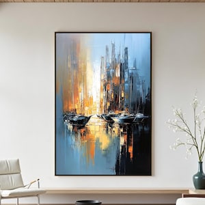 Abstract Cityscape Oil Painting on Canvas, Textured Night Harbor Wall Art, Large Modern Urban Decor, Boats Painting, Vibrant Office Decor