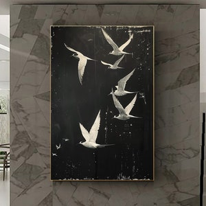 Original Black and White Flying Bird Oil Painting On Canvas, Abstract Animal Painting, Modern Living Room Home Decor, Gifts for Peace Lovers