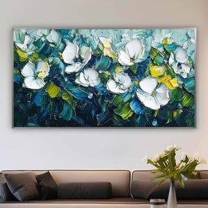 Hand Painted White Flowers Canvas Oil Painting, Original Floral Canvas Art Abstract Green Texture Wall Art, Modern Living Room Home Decor