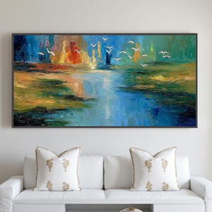 Abstract City Sunset Oil Painting, Vivid Skyline Lake Wall Art, Palette Knife Birds Canvas Art, Modern Urban Home Decor