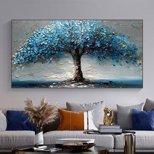 Original Blue Big Tree Oil Painting on Canvas, Large Abstract Tree of Life Painting, Custom Textured Wall Art, Modern Living Room Home Decor