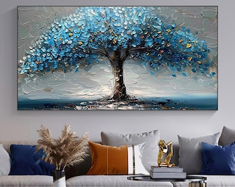 Original Blue Tree Oil Painting on Canvas, Large Textured Abstract Wall Art