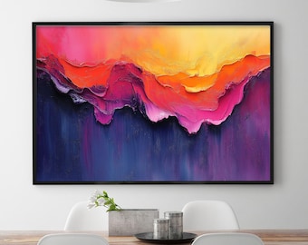 Pintura al óleo abstracta y colorida, lienzo en tonos naranja y morado intenso, arte mural moderno con textura, pintura grande vibrante, decoración de lujo para sala de estar.
