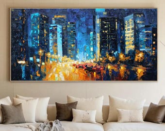 Cityscape Skyline Oil Painting, Urban Night Wall Art, Modern Street Canvas Art, Blue Office Home Decor, Downtown Living Room Wall Art