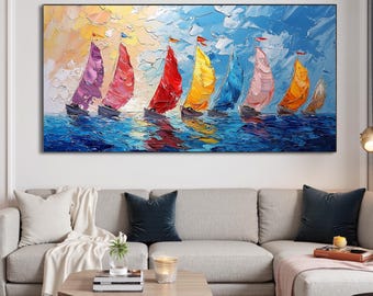 Colorful Sailboat Oil Painting On Canvas, Abstract Seascape Wall Art