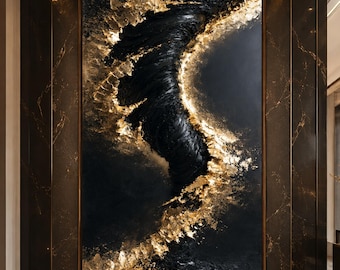 May include: A large rectangular wall art piece featuring a central abstract swirl of deep black textured paint contrasted by vibrant metallic gold leaf accents that trace the edges of the dark form against a dark background.