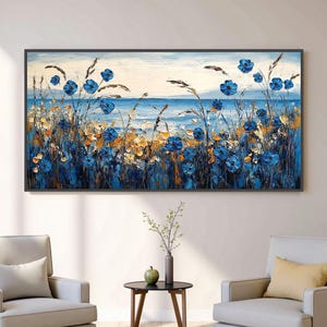 Large Coastal Flower Painting On Canvas, Vibrant Blue Wildflower Wall Art, Textured Ocean Landscape Painting, Modern Living Room Wall Decor
