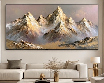 Gold Mountain Oil Painting, Textured Landscape Wall Art, Impasto Nature Canvas Art
