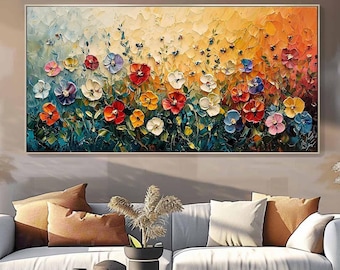 Original Abstract Floral Oil Painting, Colorful Texture, Large Canvas Wall Art