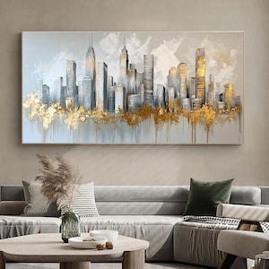 Abstract stadsgezicht olieverfschilderij op canvas, grote originele kleurrijke stadslandschap canvaskunst, moderne stedelijke architectuurkunst, woonkamerdecor