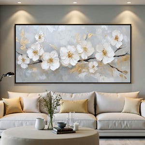 Original White Flower Canvas Art, Large Textured Blossom Oil Painting, Elegant Gold Floral Wall Art, Luxurious Modern Living Room Wall Decor