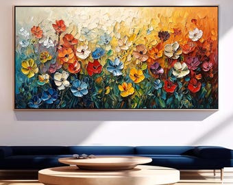 Original Floral Texture Painting, Abstract Colorful Flowers on Canvas, Living Room Decor