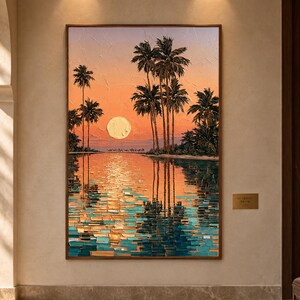 May include: A vertical rectangular oil painting featuring a sunset landscape with tall palm trees silhouetted against an orange and pink sky. A large, pale yellow sun reflects on the textured water surface, which transitions from orange to deep teal.