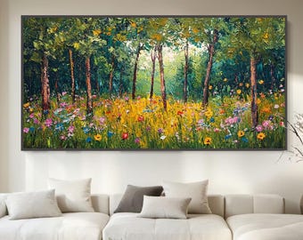 Hand Painted Forest Oil Painting, Wildflower Meadow Path, Textured Impasto Canvas Art