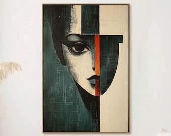 Abstract Portrait Oil Painting, Geometric Face Canvas Art, Red Accent