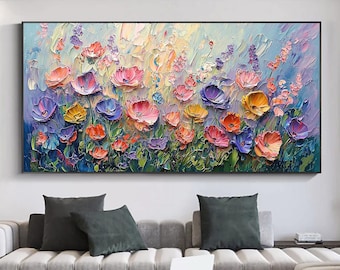 May include: A colorful oil painting of a field of flowers. The flowers are in shades of pink, purple, yellow, and orange. The background is a soft blue.