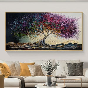 Original Colourful Textured Tree Oil Painting on Canvas, Abstract Blooming Tree Painting, Large Tree Wall Art, Modern Living Room Wall Decor