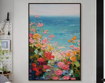Seaside Flower Path Oil Painting, Turquoise Ocean Horizon Garden Wall Art, Pink Floral Impasto Canvas Art, Beach Cottage Home Decor