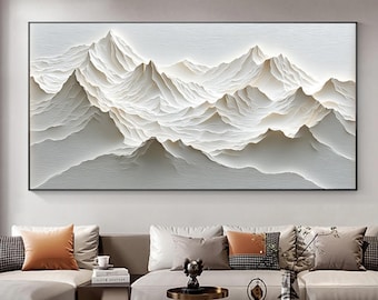 Pintura al óleo abstracta de montaña en 3D, gran obra de arte mural con textura blanca.