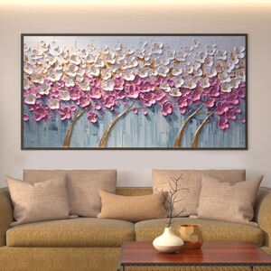 Original 3D Pink Tree Texture Canvas Oil Painting, Large Abstract Hand ...