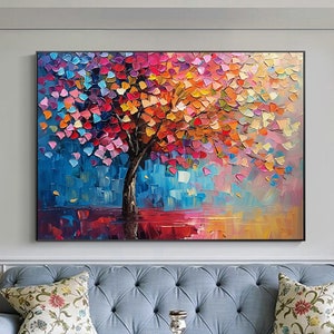 Abstract Tree of Life Oil Painting On Canvas, Original Blooming Tree Painting, Colorful Canvas Art, Large Wall Art, Living Room Home Decor