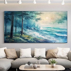 Großes Original Gemälde auf Leinwand, Seelandschaft, Baum Landschaft, moderne Kunst, Mode Wohnzimmer Wanddeko, grüner Wald