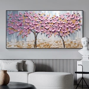 Original 3D Pink Tree Texture Canvas Oil Painting, Abstract Gray Background Floral Tree Painting, Large Landscape Art Living Room Home Decor