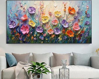 手描きのカラフルな花の油絵、大きな花の風景