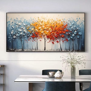 Original 3D Colorful Forest Texture Canvas Oil Painting Abstract Blue Tree Painting, Large Landscape Wall Art, Custom Living Room Home Decor