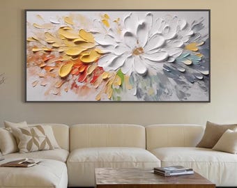 Textured Floral Oil Painting, 3D Impasto Flower Artwork, Modern Home Decor