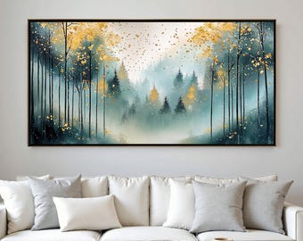 Misty Forest Oil Painting with Gold Leaf, Abstract Landscape Wall Art