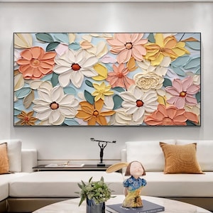 Hand Painted Colorful Flower Oil Painting on Canvas, 3D Original Abstract Blossom Painting, Large Floral Wall Art, Modern Living Room Decor