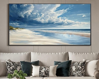 Abstract Beach Canvas Oil Painting, Original Seascape Wall Art