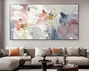 Large Abstract Floral Oil Painting on Canvas, Boho Living Room Decor