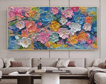 3D Flower Oil Painting On Canvas, Large Colorful Abstract Floral Wall Art