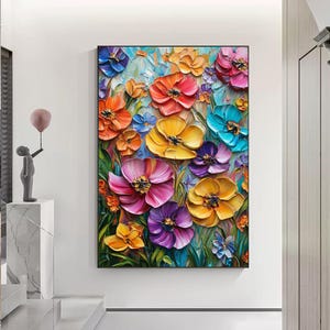 Abstract Colorful Flower Oil Painting On Canvas, Original Floral Painting, Blossom Painting, Impasto Textured Wall Art, Bedroom Home Decor
