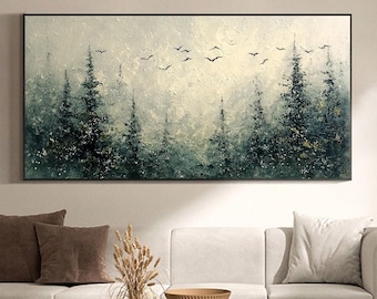 Original Blue Pine Forest Oil Painting, Abstract Textured Canvas Art