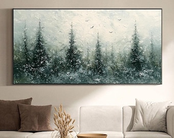 Textured Forest Painting, Abstract Green Trees, Modern Wall Decor