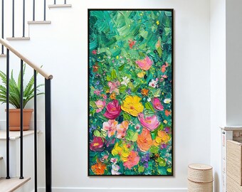 Large Abstract Floral Oil Painting, Colorful Blossom Canvas Wall Art