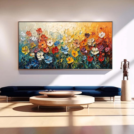 Original Floral Texture Painting, Abstract Colorful Flowers on Canvas, Living Room Decor