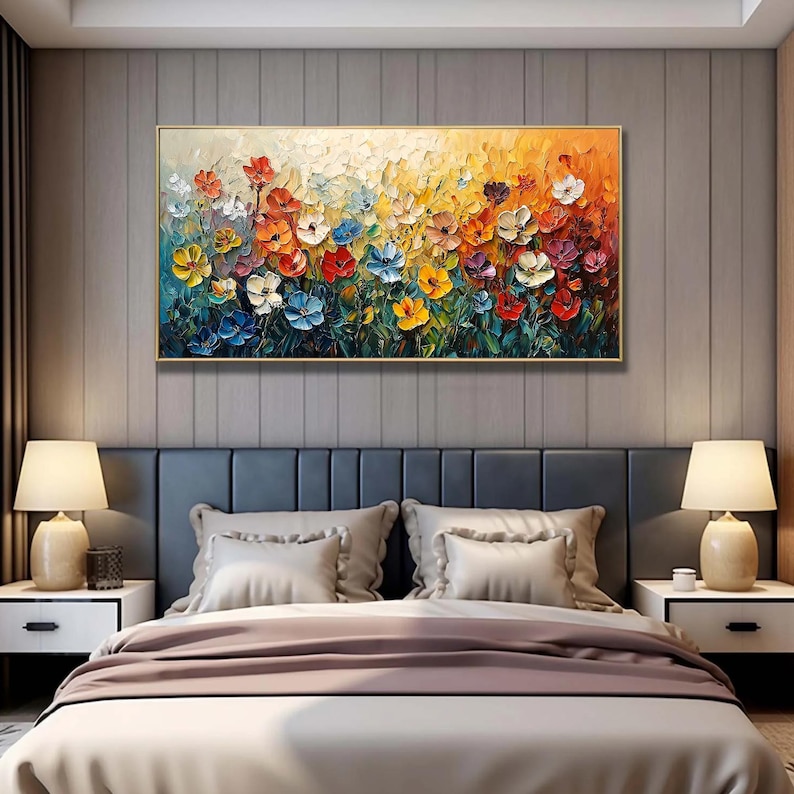 Abstract Colorful Flower Oil Painting On Canvas, Original Blossom Painting, Large Floral Texture Wall Art, Custom Living Room Wall Decor