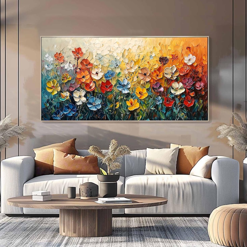 Abstract Colorful Flower Oil Painting On Canvas, Original Blossom Painting, Large Floral Texture Wall Art, Custom Living Room Wall Decor