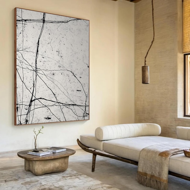Black & White Abstract Art, Large Minimalist Painting, Textured Wall Art, Original Wabi Sabi Decor, Modern Line Art for Living Room Decor