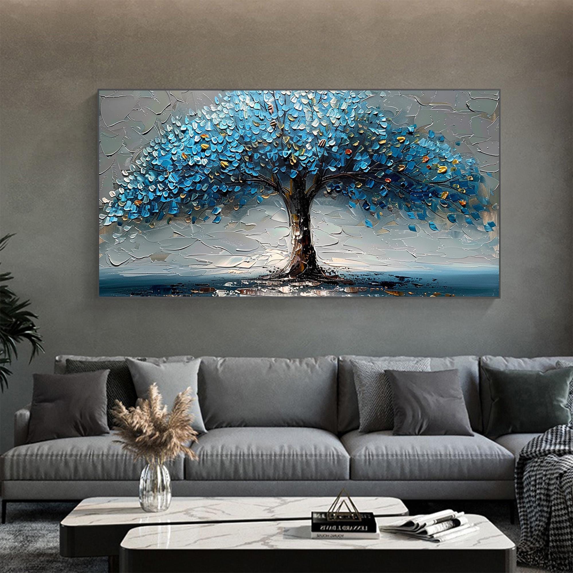 Original Blue Big Tree Oil Painting on Canvas, Large Abstract Tree of ...