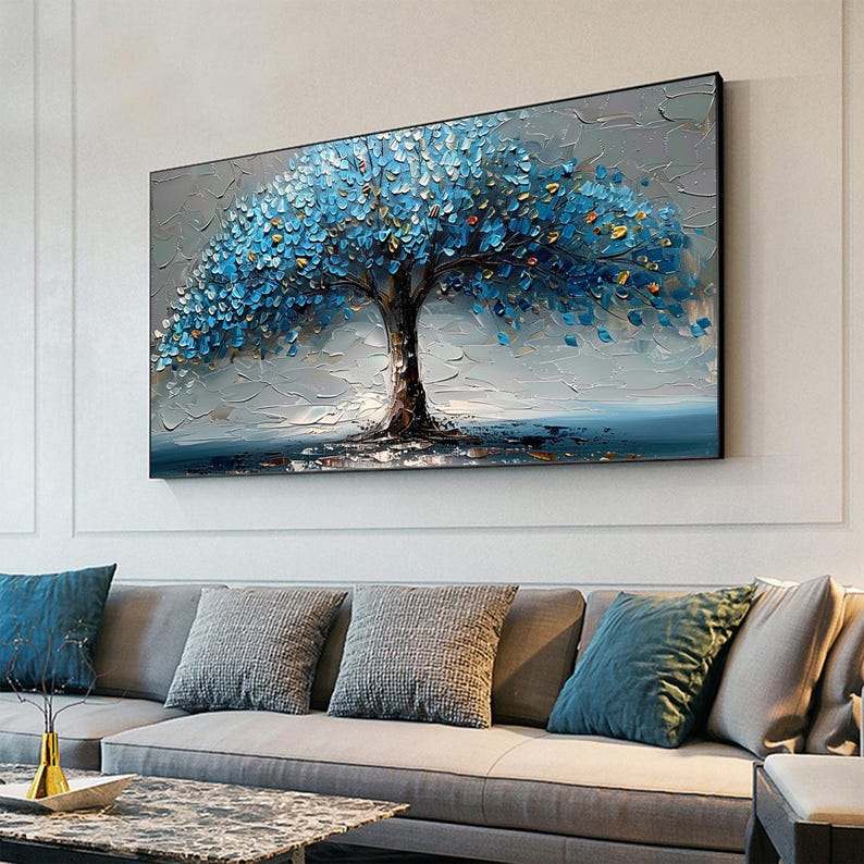 Original Blue Tree Oil Painting on Canvas, Large Textured Abstract Wall ...