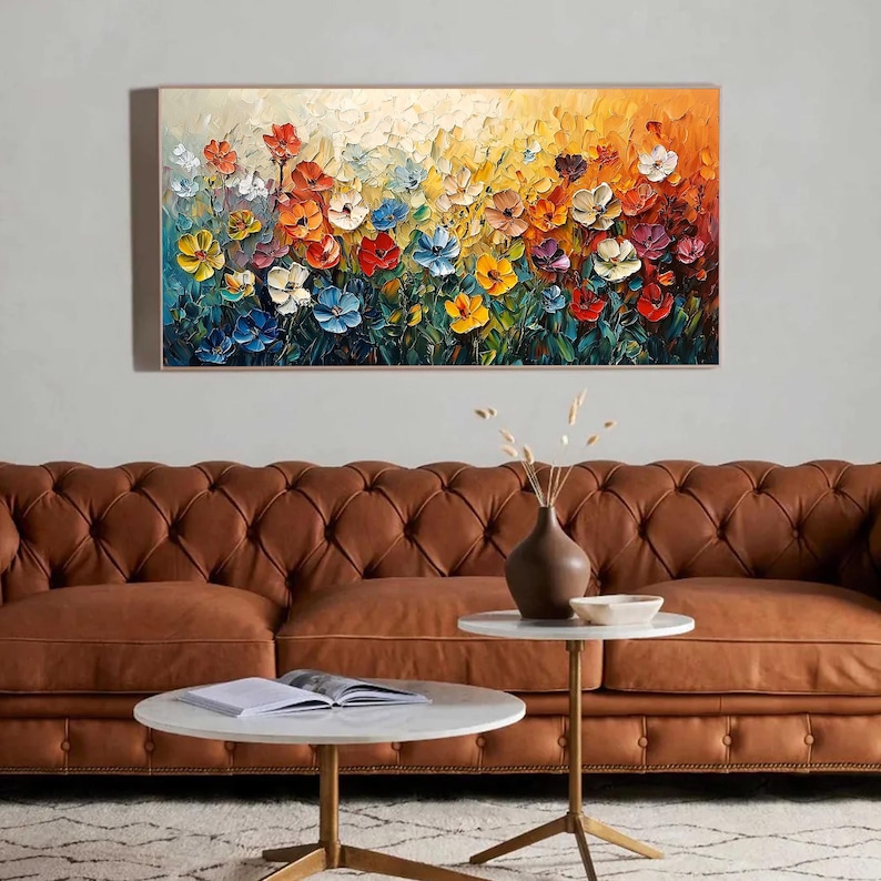 Abstract Colorful Flower Oil Painting On Canvas, Original Blossom Painting, Large Floral Texture Wall Art, Custom Living Room Wall Decor