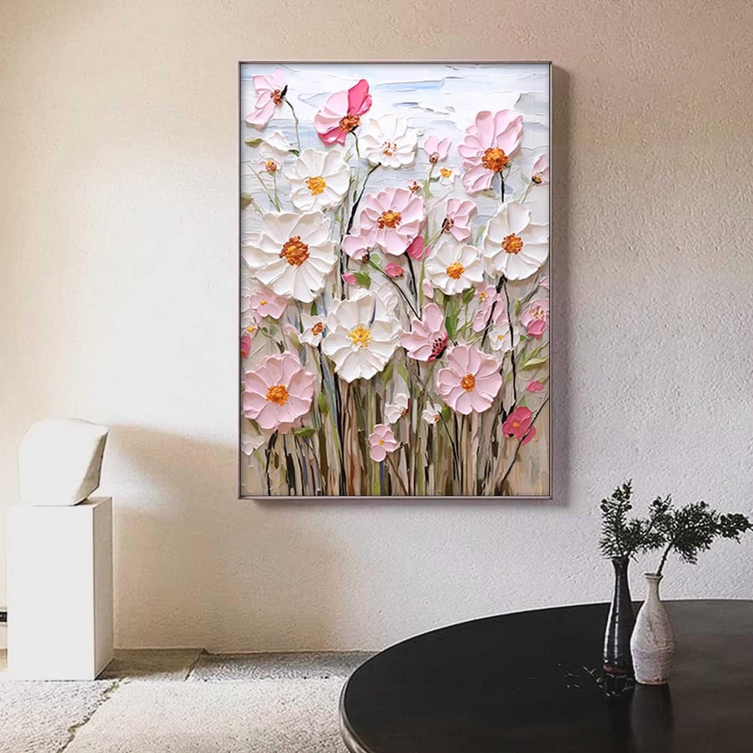 Textured Floral Oil Painting, Pink & White Flower Canvas Art - Etsy