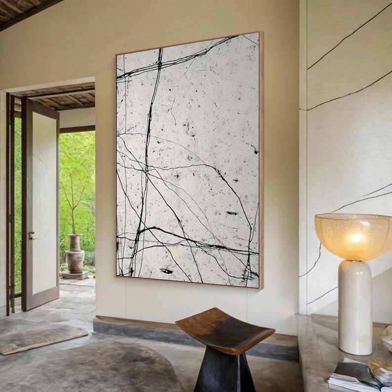 Black & White Abstract Art, Large Minimalist Painting, Textured Wall Art, Original Wabi Sabi Decor, Modern Line Art for Living Room Decor