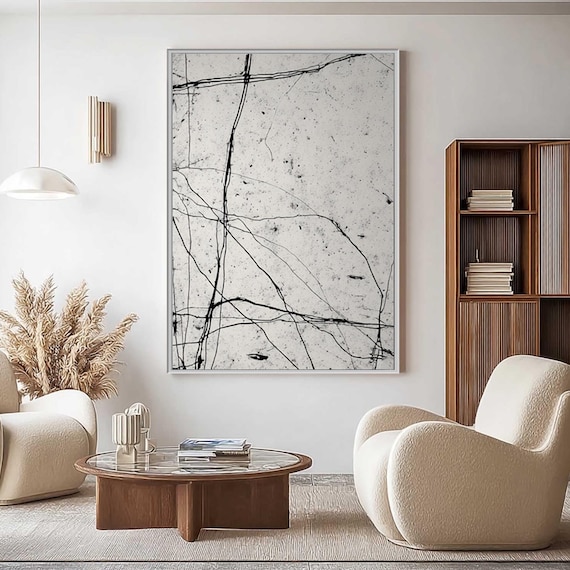 Black & White Abstract Art, Large Minimalist Painting, Textured Wall Art, Original Wabi Sabi Decor, Modern Line Art for Living Room Decor