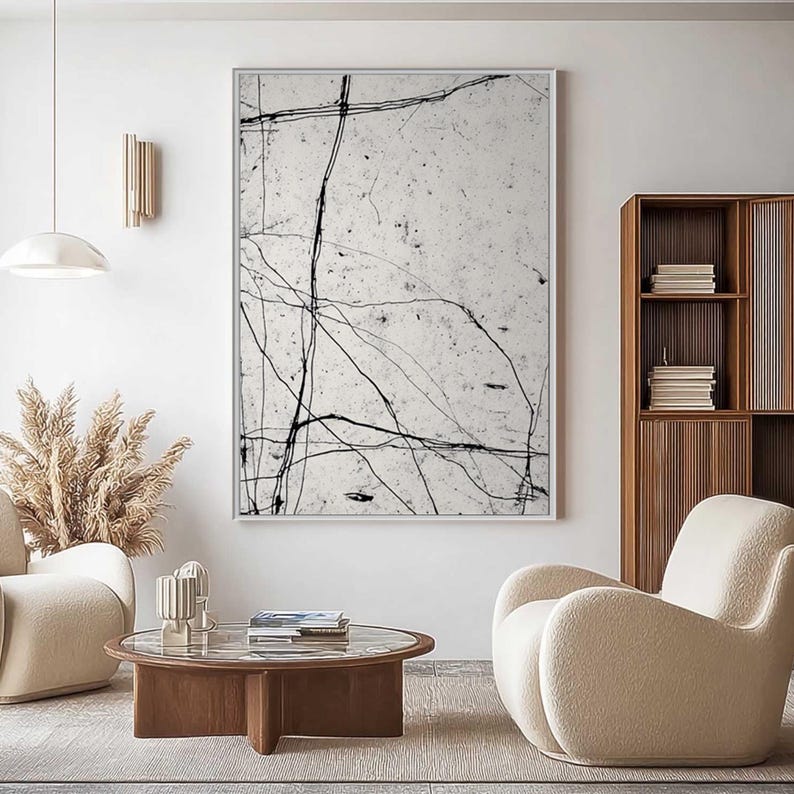Black & White Abstract Art, Large Minimalist Painting, Textured Wall Art, Original Wabi Sabi Decor, Modern Line Art for Living Room Decor